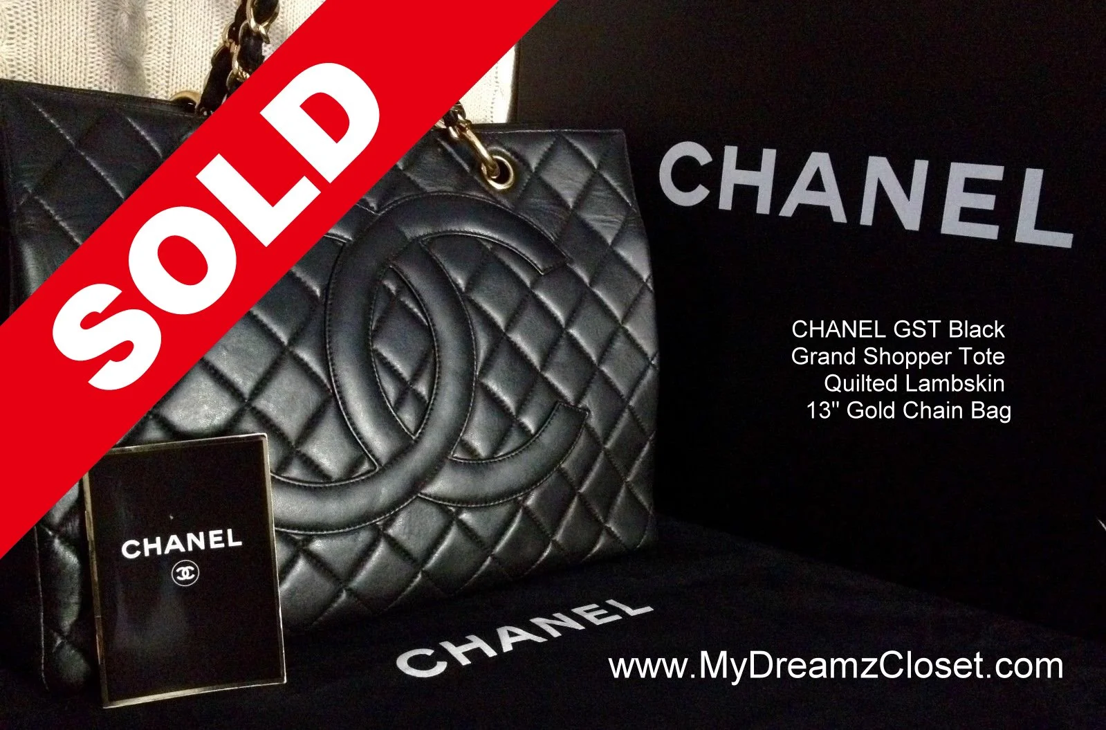 SOLD Lambskin 162 - CHANEL GST Black Grand Shopper Tote Quilted Lambskin 13" Gold Chain Bag