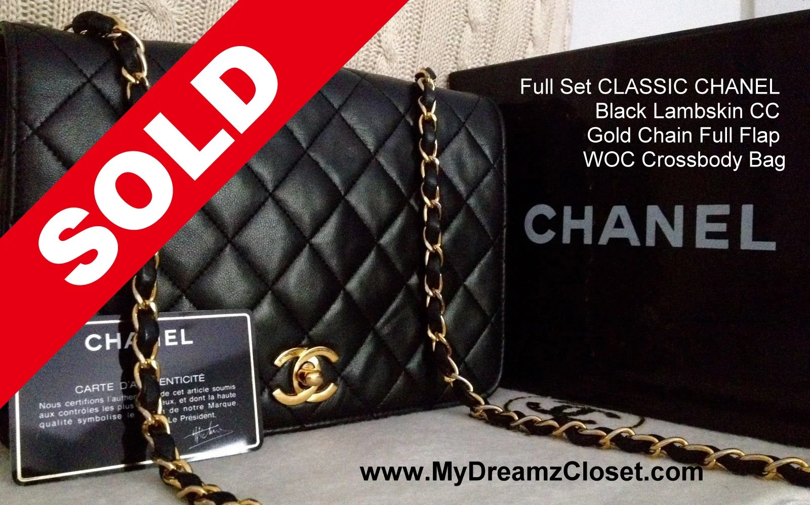 SOLD Lambskin 163 - Full Set CLASSIC CHANEL Black Lambskin CC Gold Chain Full Flap WOC Crossbody Bag