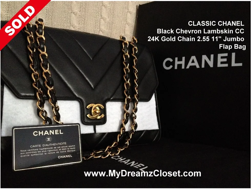 SOLD Lambskin 164 - CLASSIC CHANEL Black Chevron Lambskin CC 24K Gold Chain 2.55 11" Jumbo Flap Bag