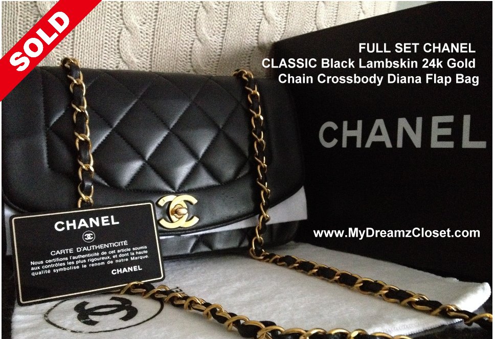 SOLD LAMBSKIN 165 - FULL SET CHANEL CLASSIC Black Lambskin 24k Gold Chain Crossbody Diana Flap Bag