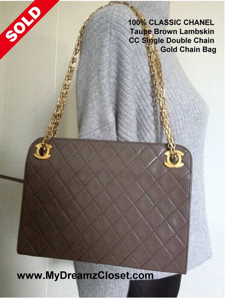 SOLD Lambskin 166 - 100% CLASSIC CHANEL Taupe Brown Lambskin CC Single Double Chain Gold Chain Bag