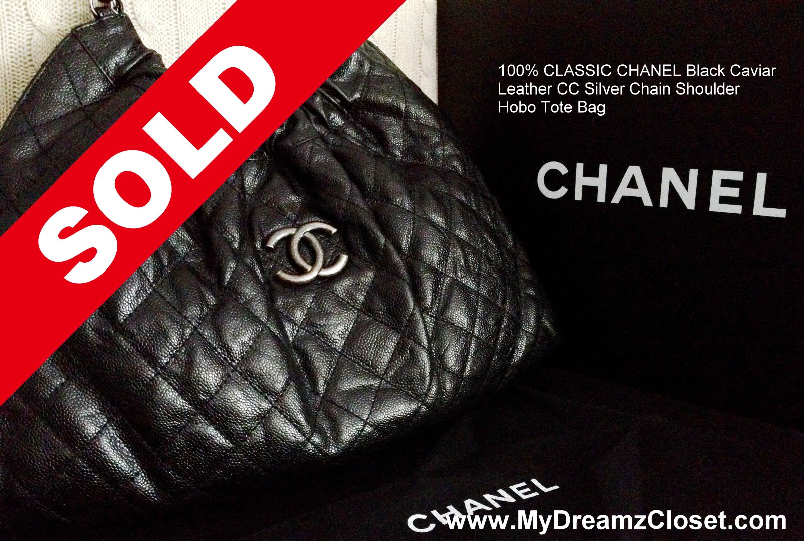 SOLD Caviar 18 - 100% CLASSIC CHANEL Black Caviar Leather CC Silver Chain Shoulder Hobo Tote Bag