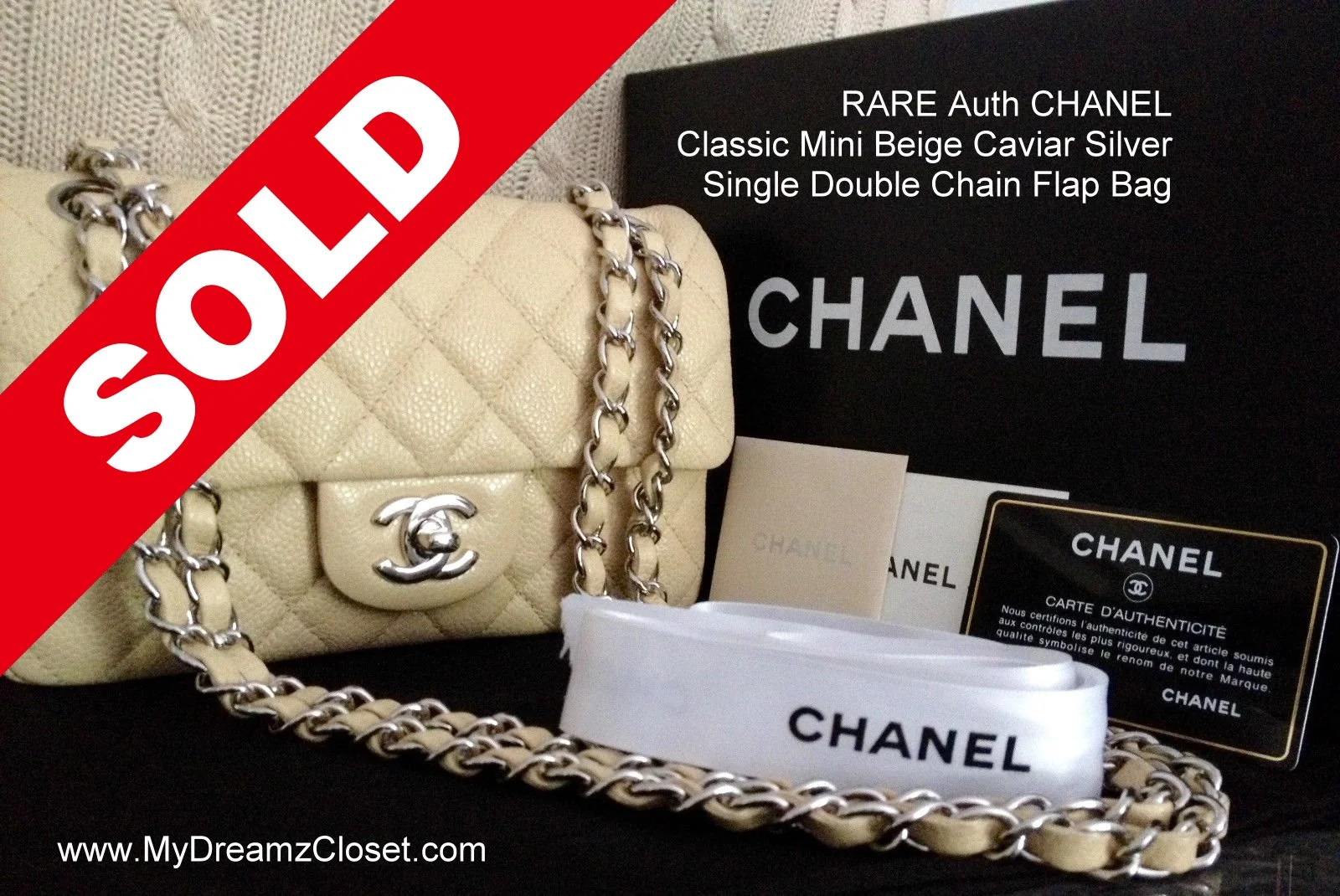 SOLD Caviar 19 - RARE Auth CHANEL Classic Mini Beige Caviar Silver Single Double Chain Flap Bag