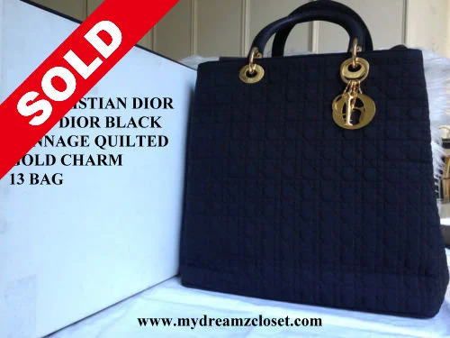 100% Auth CD Christian Dior Lady Dior Black Cannage Quilted Gold Charm 13 Bag