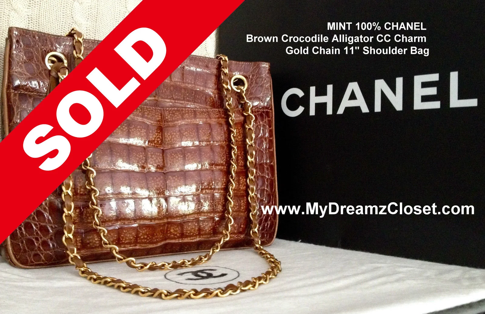 MINT 100% CHANEL Brown Crocodile Alligator CC Charm Gold Chain 11" Shoulder Bag