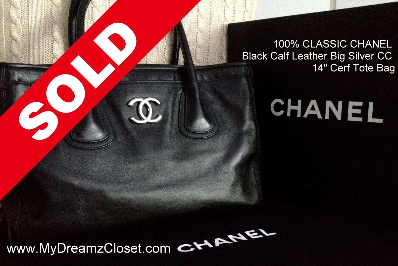 100% CLASSIC CHANEL Black Calf Leather Big Silver CC 14" Cerf Tote Bag