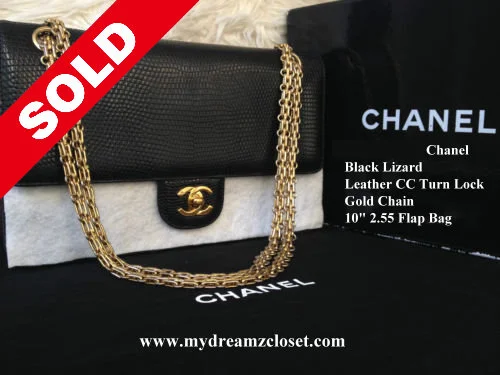 RARE 100% CHANEL Black Lizard Leather CC Turn Lock Gold Chain 10 2.55 Flap Bag
