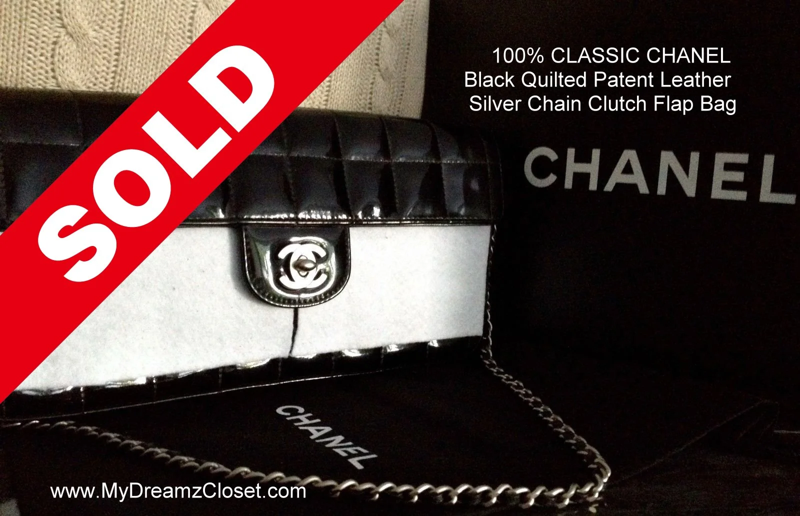 100% CLASSIC CHANEL Black Quilted Patent Leather Silver Chain Clutch Flap Bag