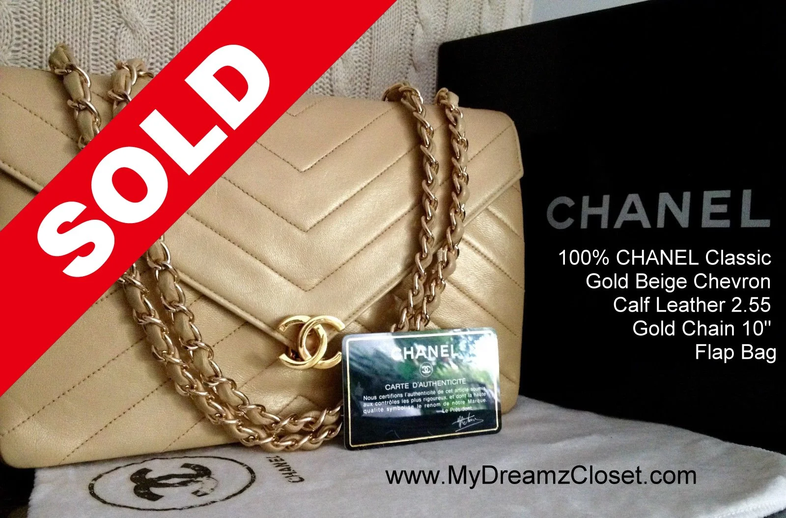 100% CHANEL Classic Gold Beige Chevron Calf Leather 2.55 Gold Chain 10 Flap Bag