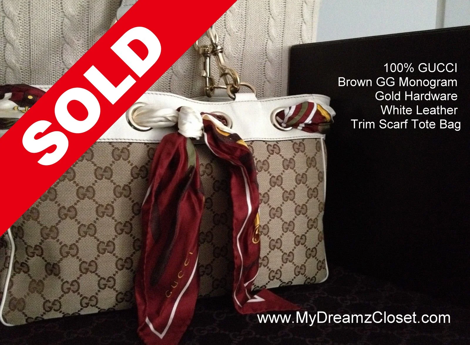 100% GUCCI Brown GG Monogram Gold Hardware White Leather Trim Scarf Tote Bag