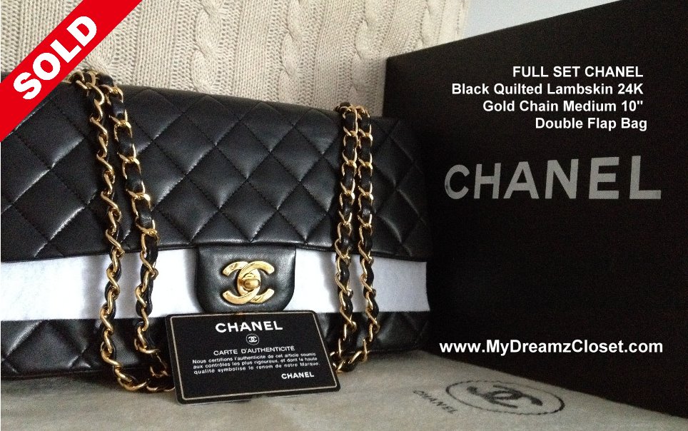 SOLD Lambskin 167 - FULL SET CHANEL Black Quilted Lambskin 24K Gold Chain Medium 10 Double Flap Bag