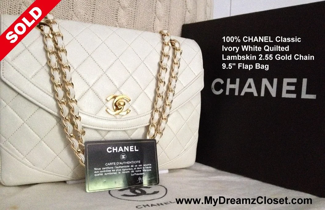 SOLD Lambskin 168 - 100% CHANEL Classic Ivory White Quilted Lambskin 2.55 Gold Chain 9.5" Flap Bag