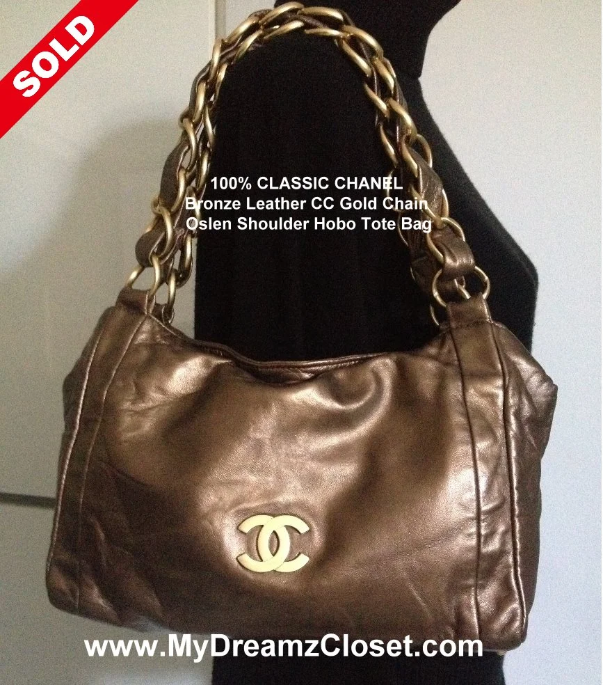 100% CLASSIC CHANEL Bronze Leather CC Gold Chain Oslen Shoulder Hobo Tote Bag