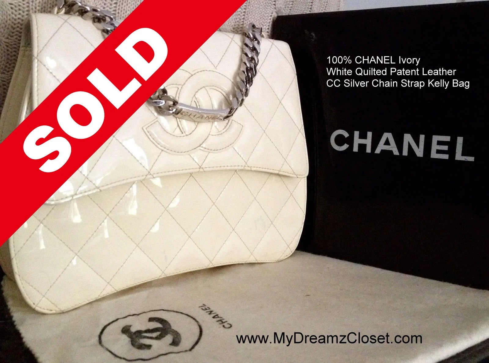 100% CHANEL Ivory White Quilted Patent Leather CC Silver Chain Strap Kelly Bag