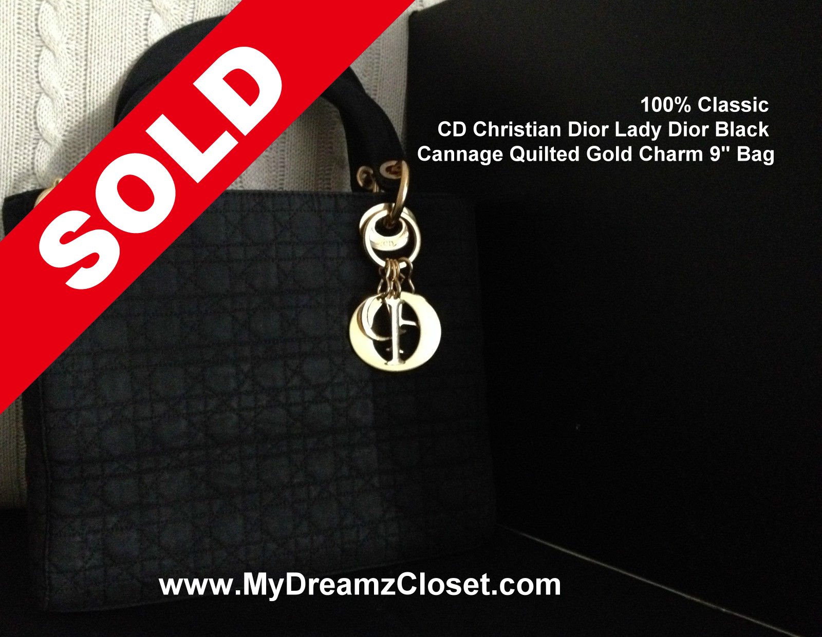 100% Classic CD Christian Dior Lady Dior Black Cannage Quilted Gold Charm 9" Bag