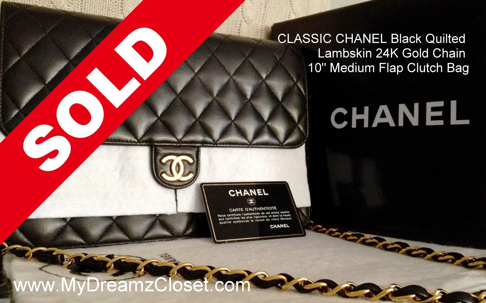 SOLD Lambskin 169 - MINT CLASSIC CHANEL Black Quilted Lambskin 24K Gold Chain 10" Flap Clutch Bag
