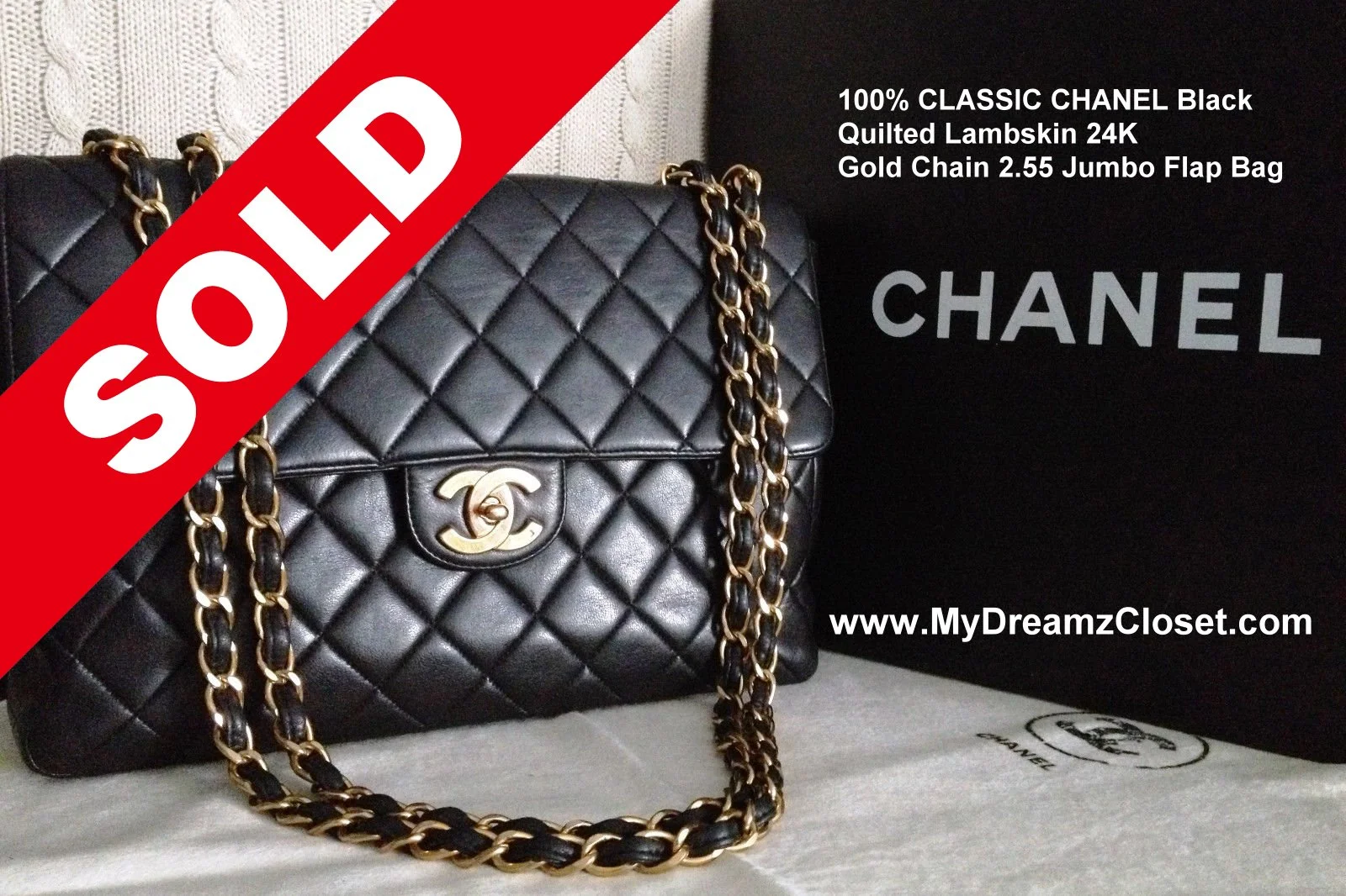 SOLD Lambskin 170 - 100% CLASSIC CHANEL Black Quilted Lambskin 24K Gold Chain 2.55 Jumbo Flap Bag 2