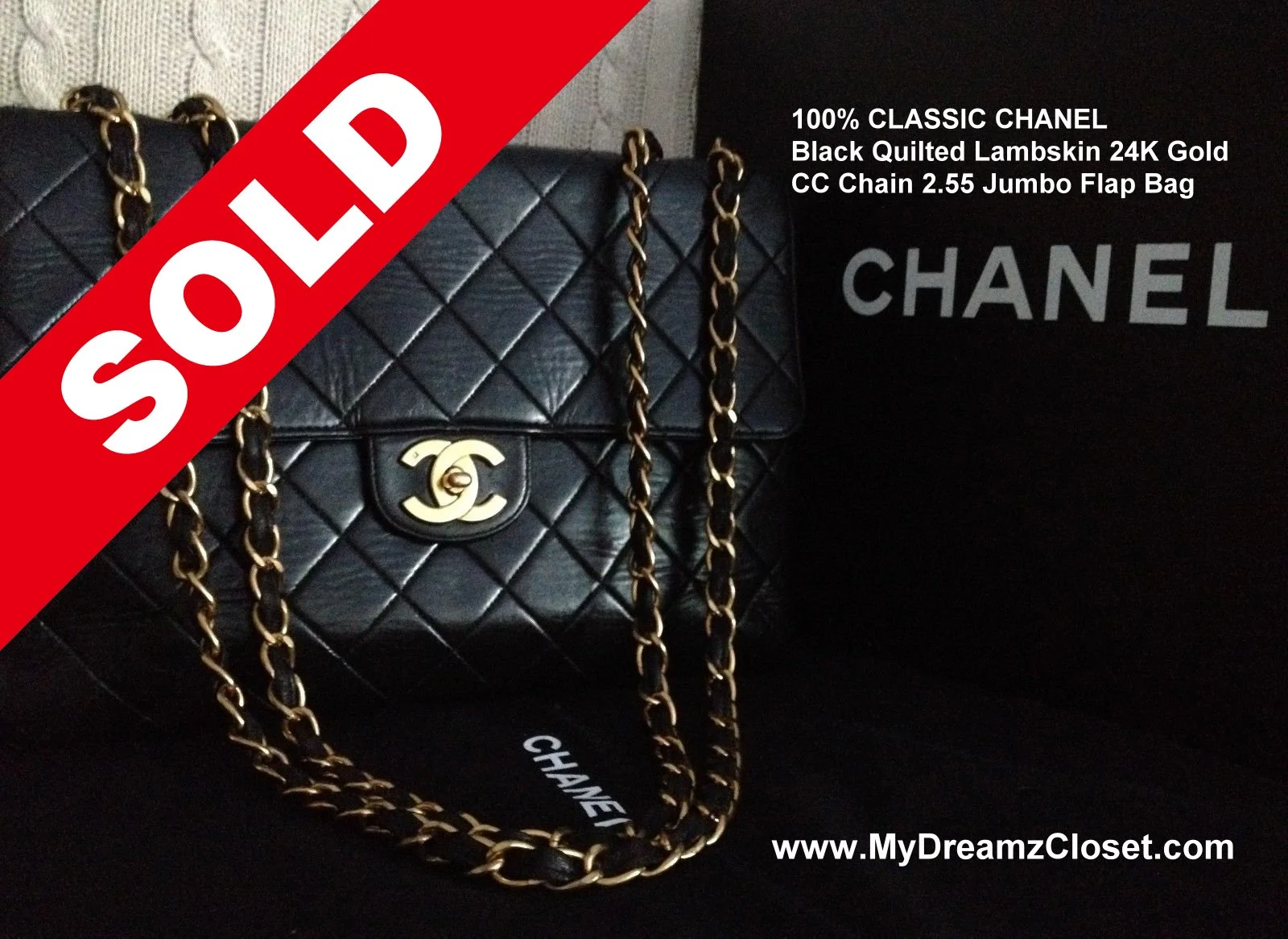 SOLD Lambskin 171 - 100% CLASSIC CHANEL Black Quilted Lambskin 24K Gold CC Chain 2.55 Jumbo Flap Bag