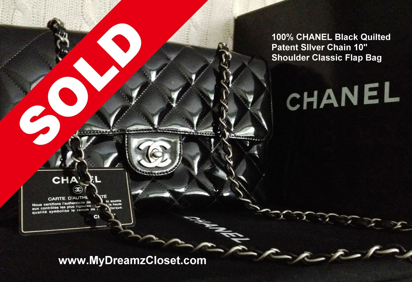 FULL SET 100% CHANEL Black Quilted Patent SIlver Chain 10 Classic Flap Bag