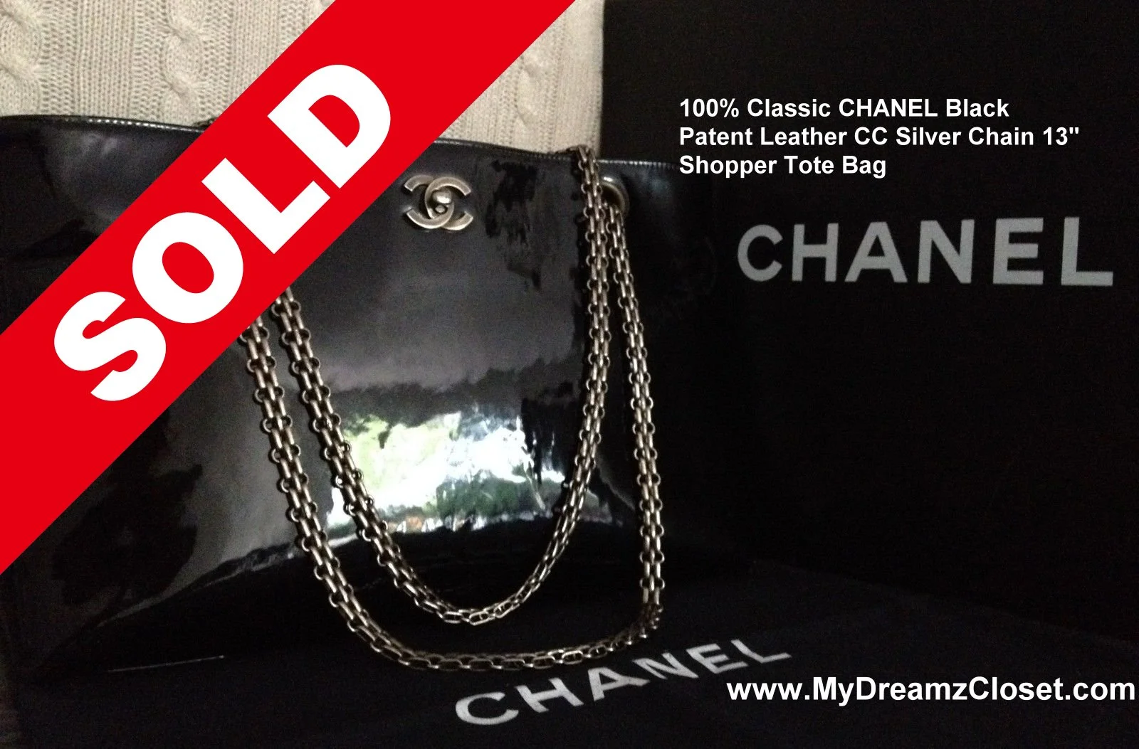 100% Classic CHANEL Black Patent Leather CC Silver Chain 13" Shopper Tote Bag