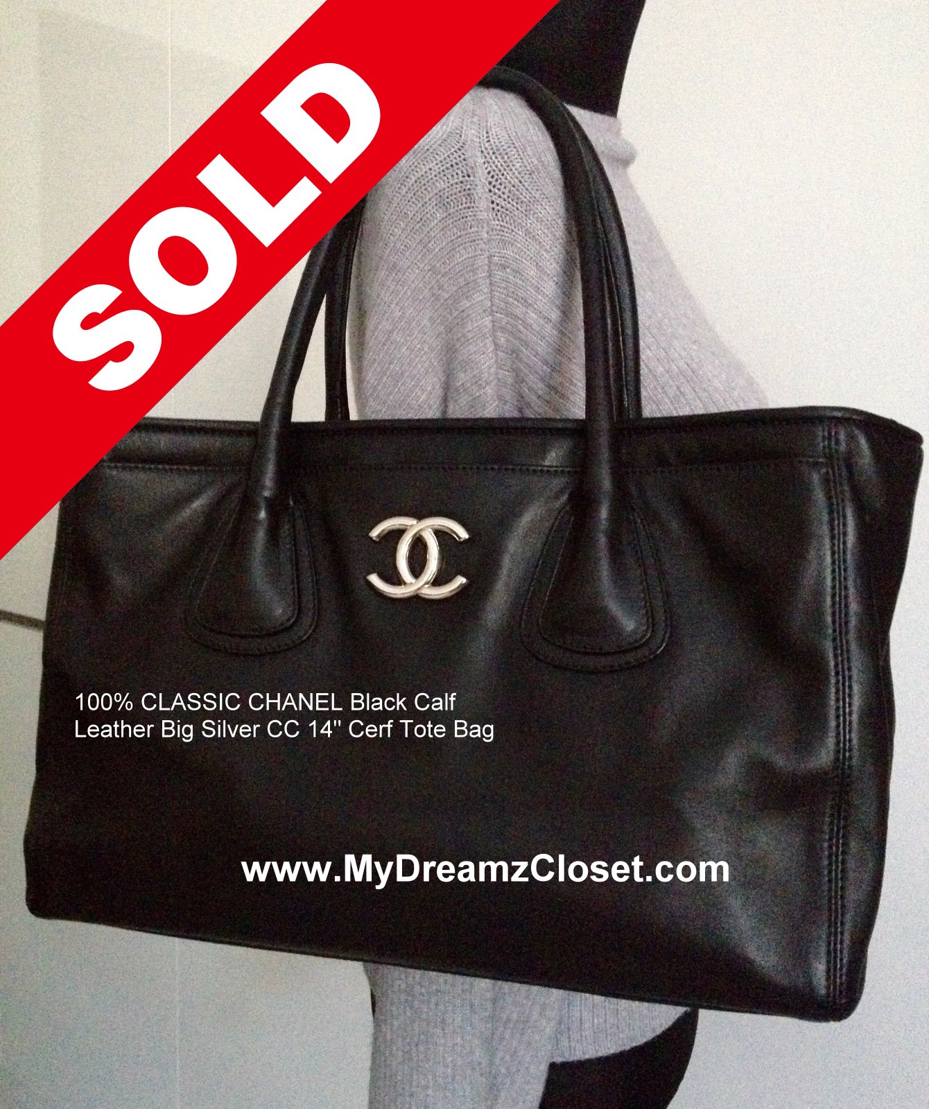 100% CLASSIC CHANEL Black Calf Leather Big Silver CC 14" Cerf Tote Bag