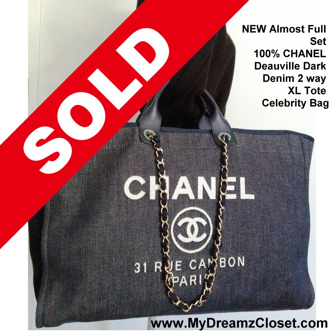 NEW Almost Full Set 100% CHANEL Deauville Dark Denim 2 way XL Tote  Celebrity Bag - My Dreamz Closet