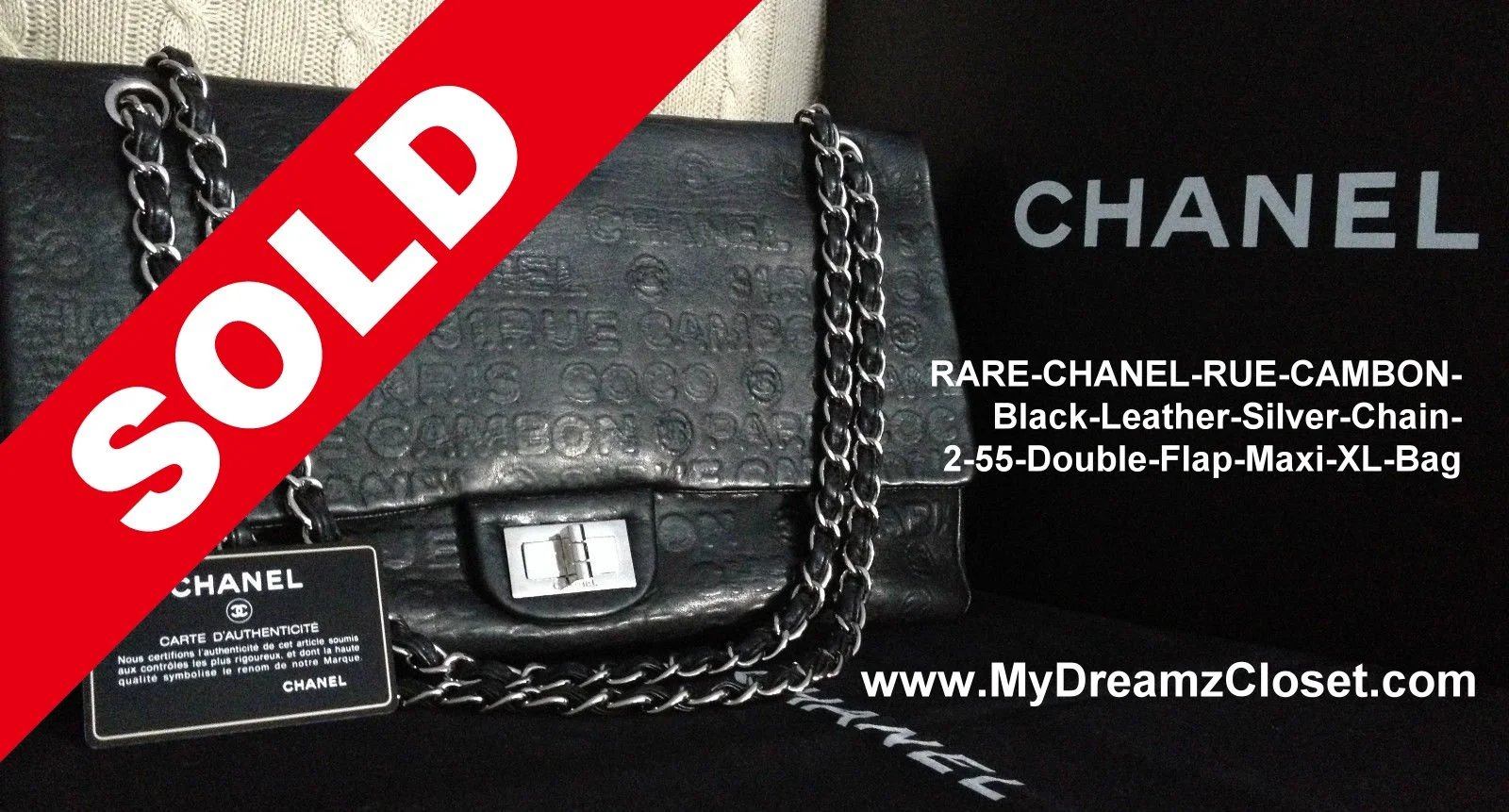 RARE CHANEL RUE-CAMBON-Black-Leather-Silver-Chain-2-55-Double-Flap-Maxi-XL-Bag