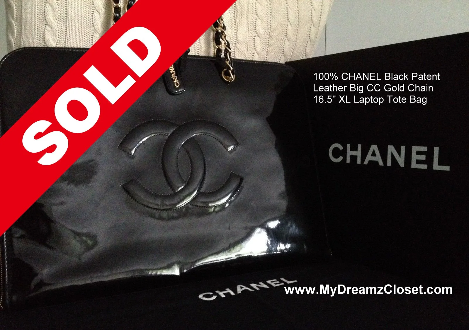100% CHANEL Black Patent Leather Big CC Gold Chain 16.5" XL Laptop Tote Bag