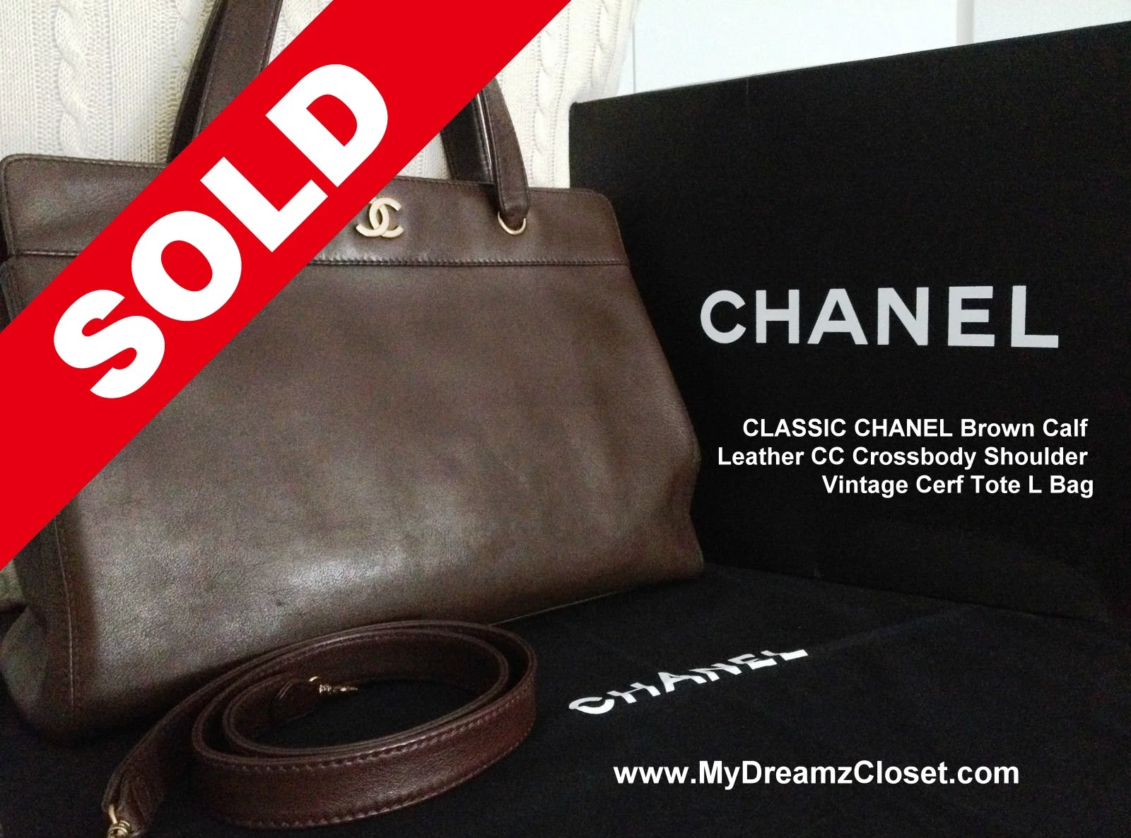 CLASSIC CHANEL Brown Calf Leather CC Crossbody Shoulder Vintage Cerf Tote L Bag