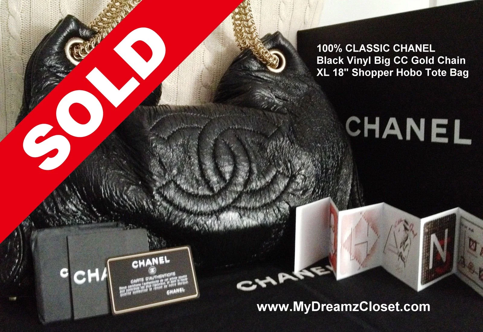 100% CLASSIC CHANEL Black Vinyl Big CC Gold Chain XL 18" Shopper Hobo Tote Bag