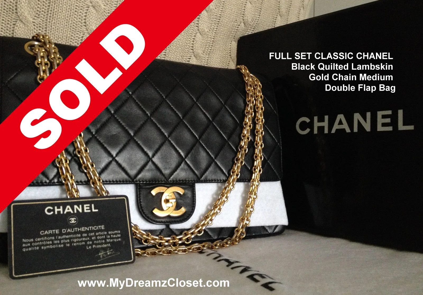 SOLD Lambskin 173 - FULL SET CLASSIC CHANEL Black Quilted Lambskin Gold Chain Medium Double Flap Bag