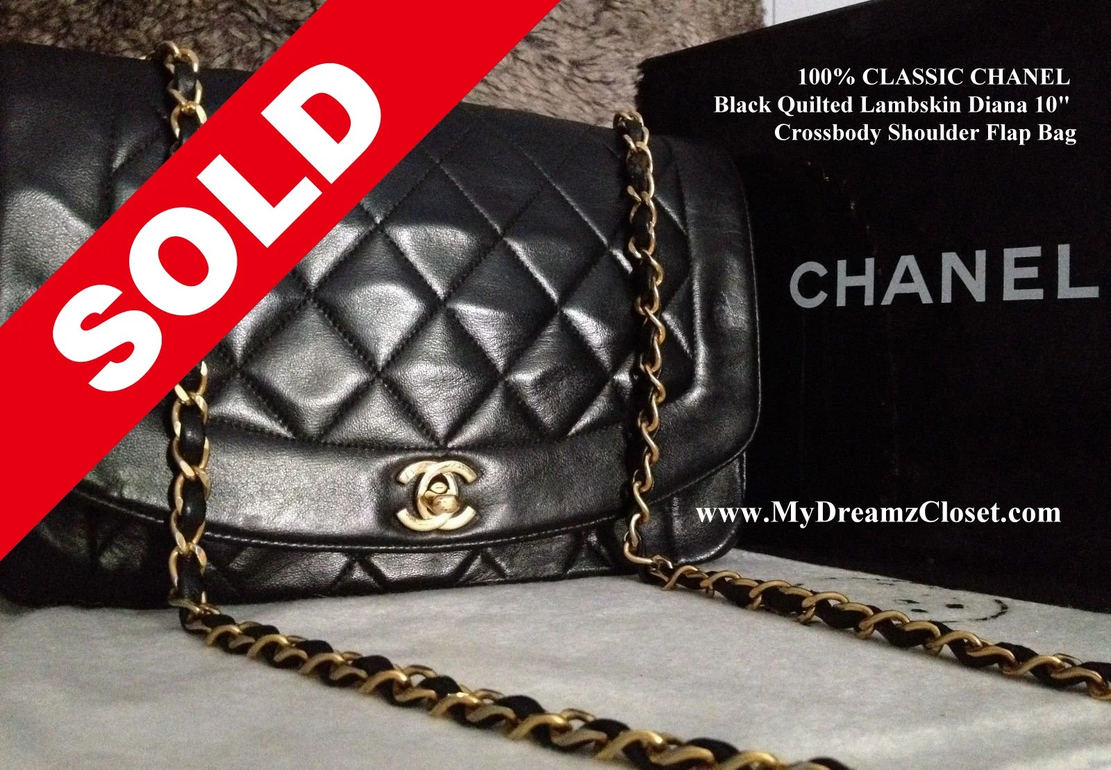 SOLD LAMBSKIN 176 - 100% CLASSIC CHANEL Black Quilted Lambskin Diana 10 Crossbody Shoulder Flap Bag