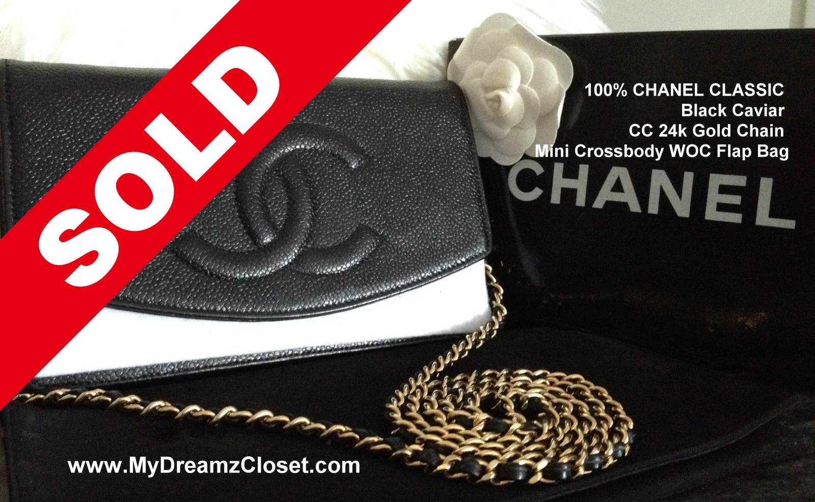 SOLD CAVIAR 21 - 100% CHANEL CLASSIC Black Caviar CC 24k Gold Chain Mini Crossbody WOC Flap Bag