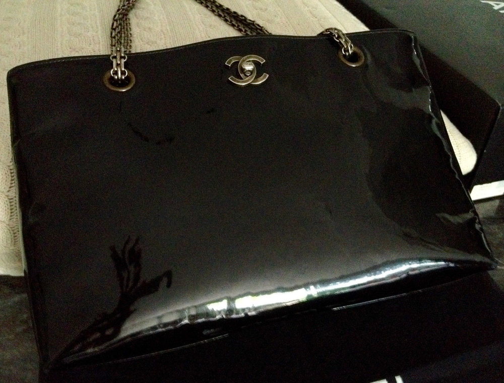 SOLD - 100% Classic CHANEL Black Patent Leather CC Silver Chain 13 Shopper Tote  Bag - My Dreamz Closet