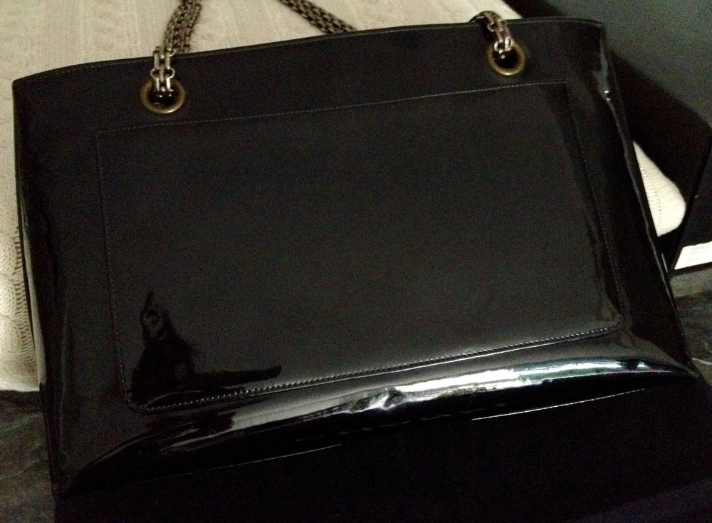 SOLD - 100% Classic CHANEL Black Patent Leather CC Silver Chain 13 Shopper Tote  Bag - My Dreamz Closet