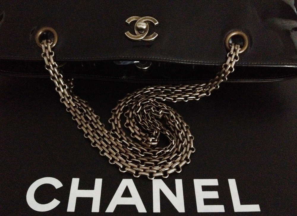 SOLD - 100% Classic CHANEL Black Patent Leather CC Silver Chain 13