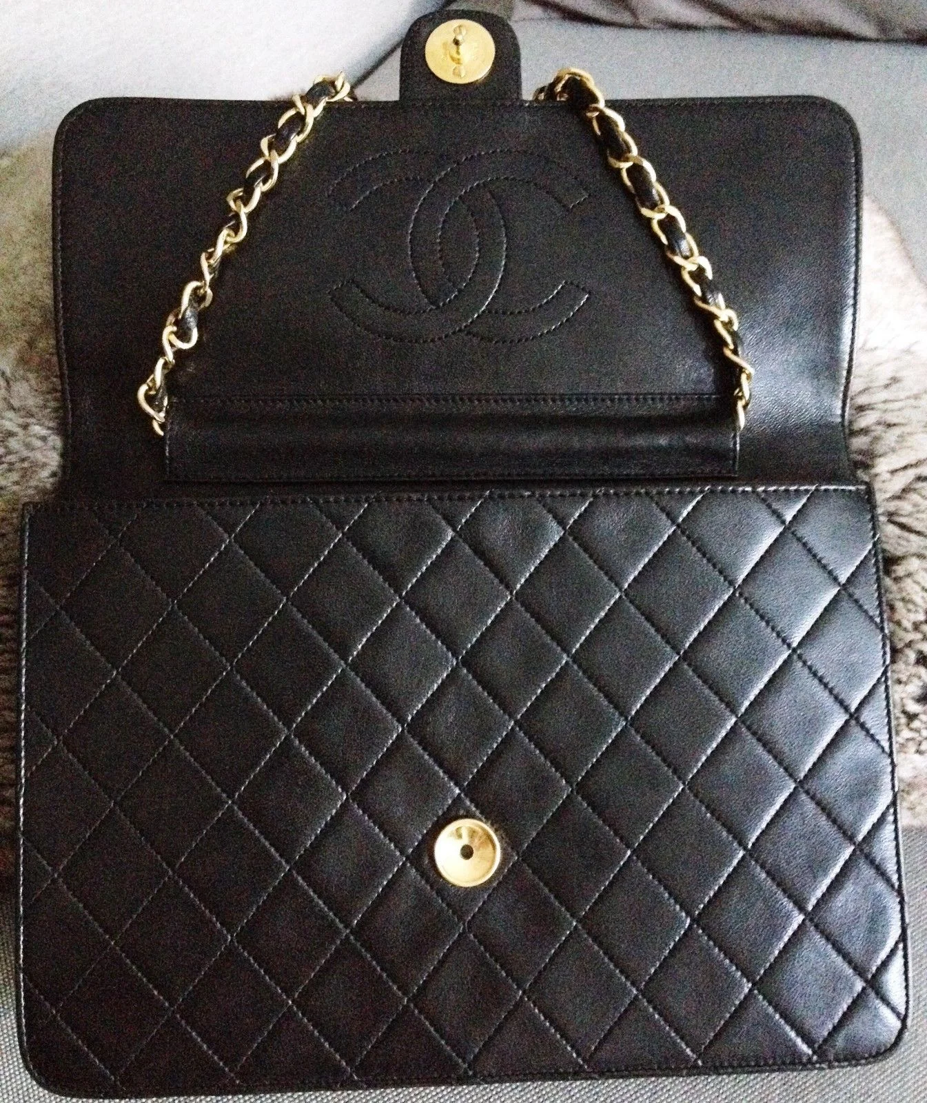 100 Classic CHANEL Black Quilted Lambskin 24K Gold Chain 10" Flap