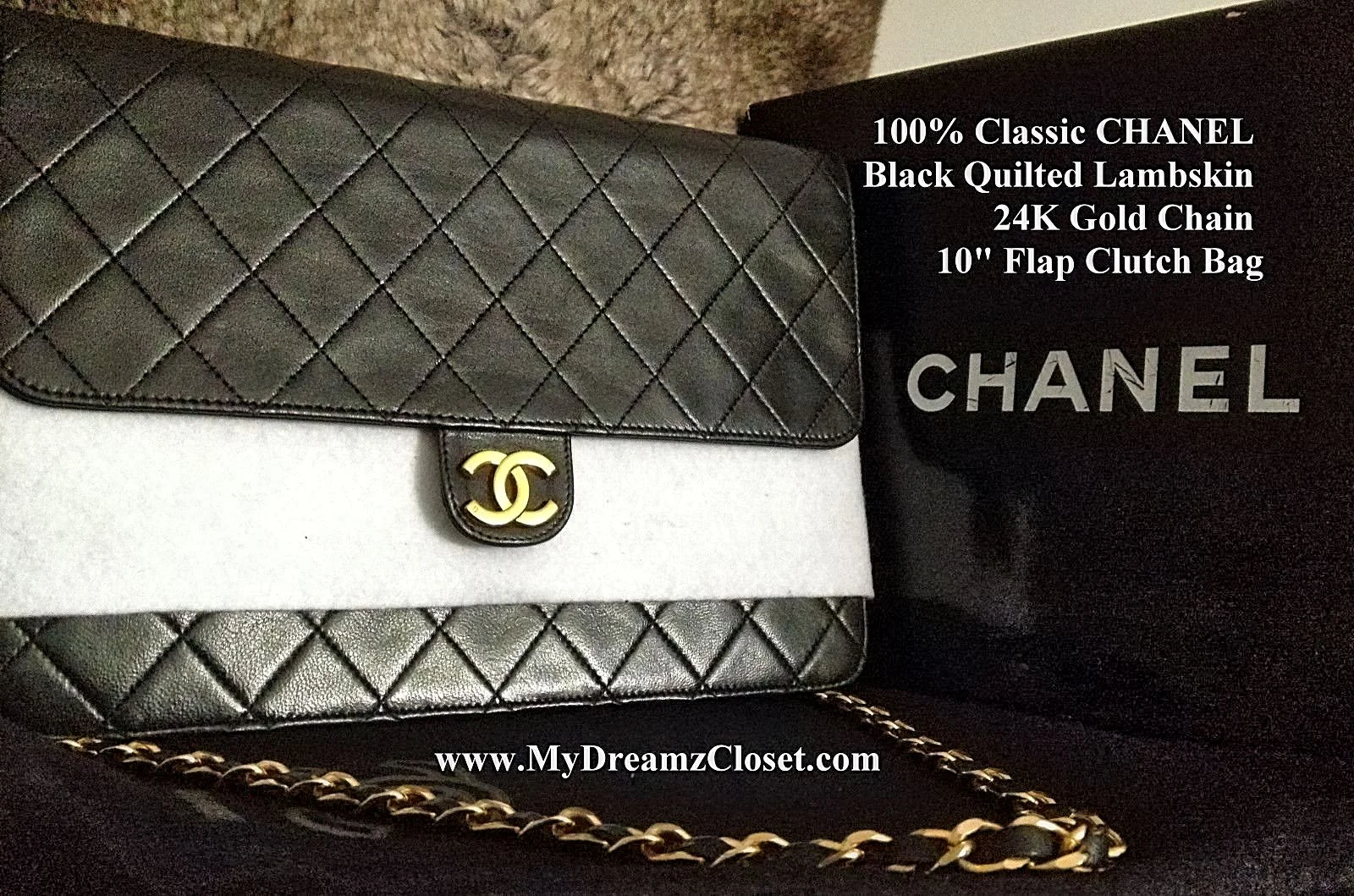 100% Classic CHANEL Black Quilted Lambskin 24K Gold Chain 10" Flap Clutch Bag