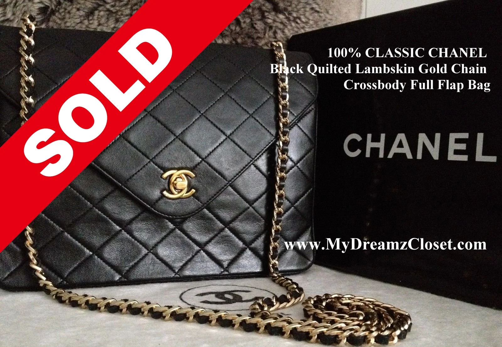 Sold Lambskin 181 - 100% CLASSIC CHANEL Black Quilted Lambskin Gold Chain Crossbody Full Flap Bag