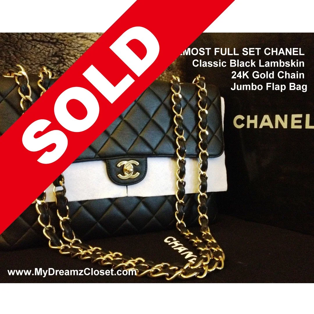 SOLD LAMBSKIN 180 - 100% CLASSIC CHANEL Black Quilted Lambskin 24K Gold Chain 2.55 Jumbo Flap Bag