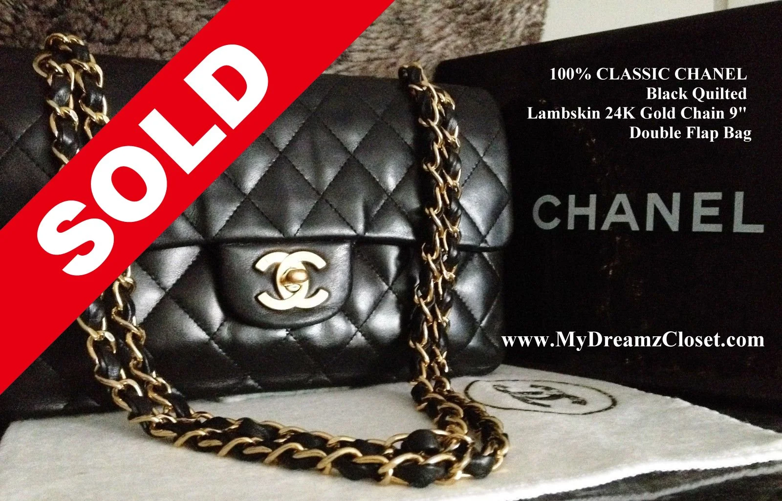 SOLD Lambskin 182 - 100% CLASSIC CHANEL Black Quilted Lambskin 24K Gold Chain 9" Double Flap Bag
