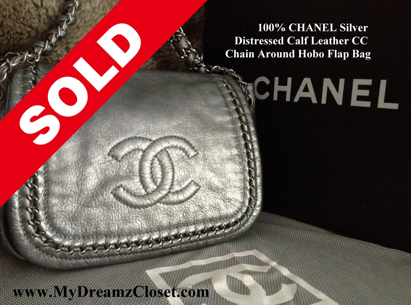 100% CHANEL Silver Distressed Calf Leather CC Chain Around Hobo Flap Bag