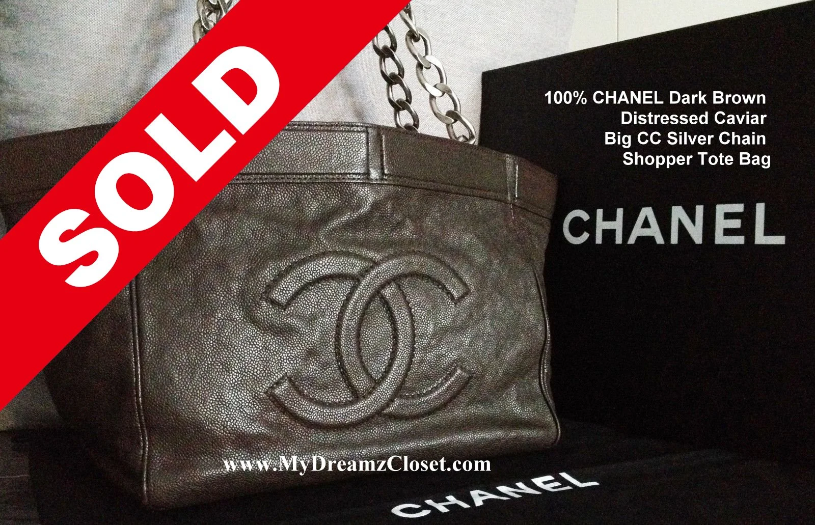 SOLD CAVIAR 24 - 100% CHANEL Dark Brown Distressed Caviar Big CC Silver Chain Shopper Tote Bag