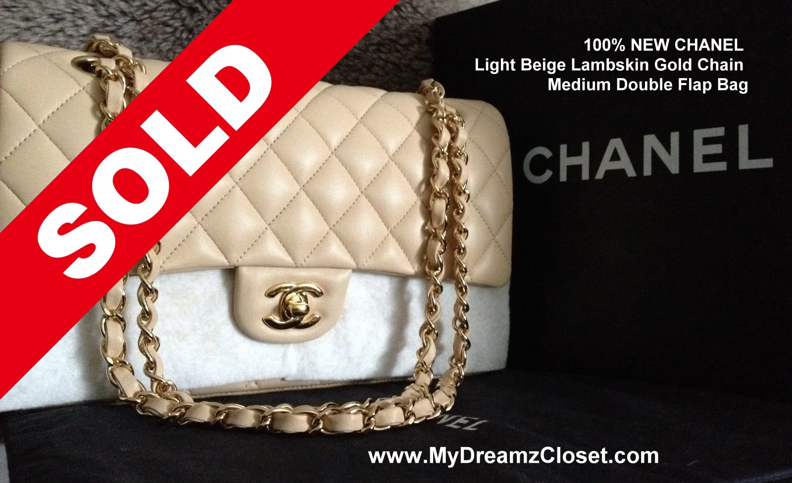 SOLD Lambskin 183 - 100% NEW CHANEL Light Beige Lambskin Gold Chain Medium Double Flap Bag