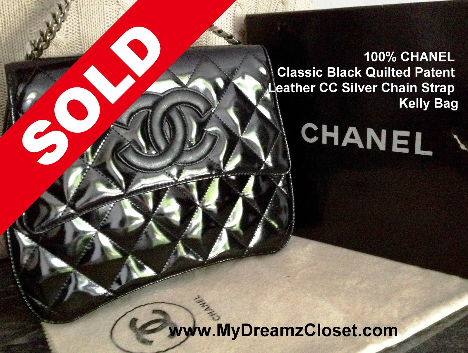 100% CHANEL Classic Black Quilted Patent Leather CC Silver Chain Strap Kelly Bag