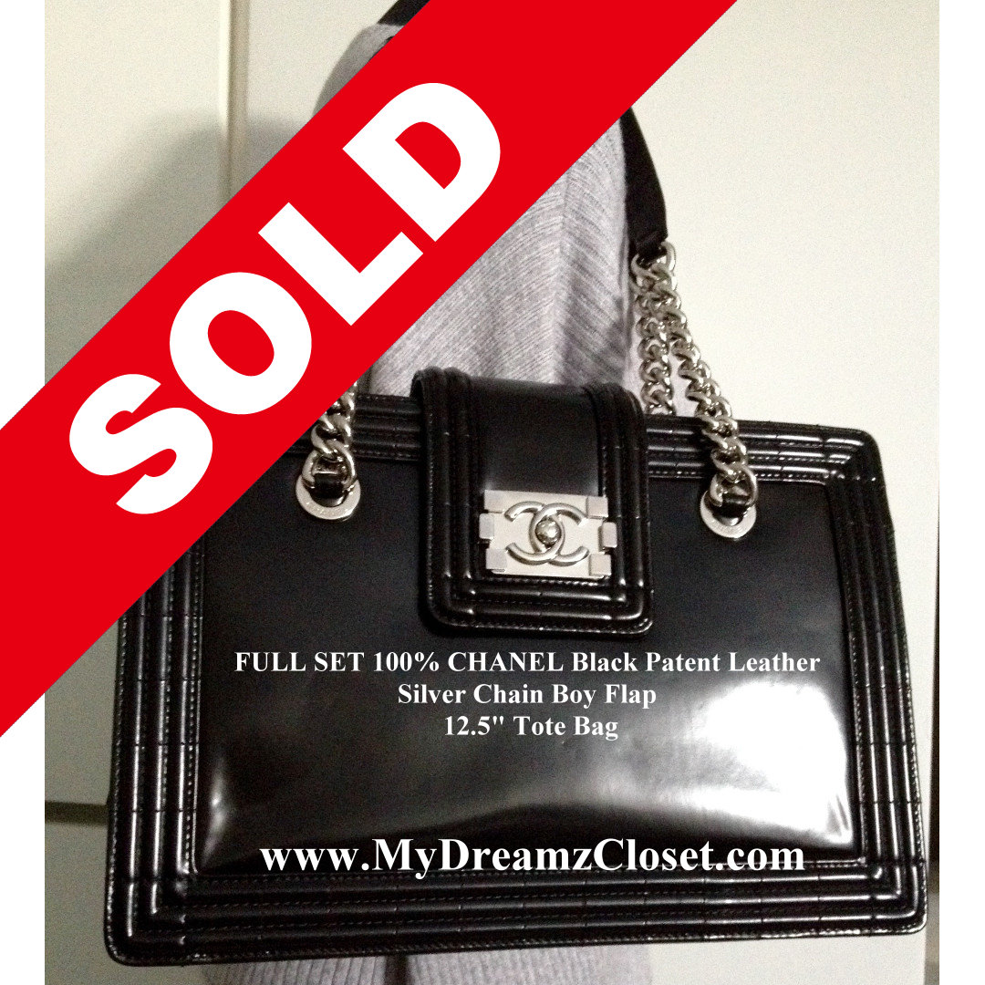 FULL SET 100% CHANEL Black Patent Leather Silver Chain Boy Flap 12.5" Tote Bag