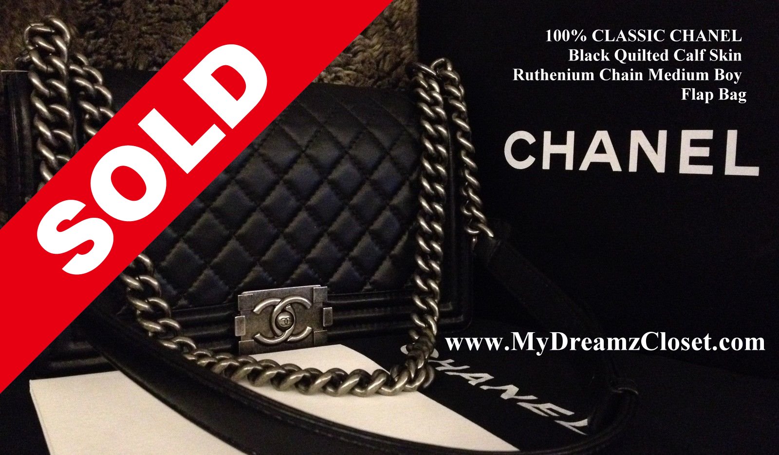 100% CLASSIC CHANEL Black Quilted Calf Skin Ruthenium Chain Medium Boy Flap Bag