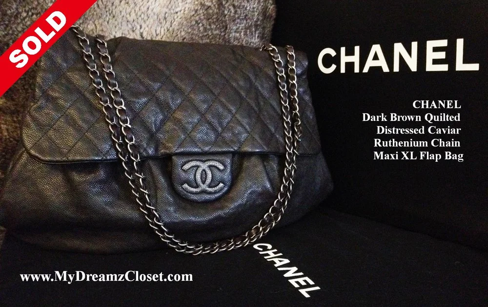 Sold Caviar 25 - CHANEL Dark Brown Quilted Distressed Caviar Ruthenium Chain Maxi XL Flap Bag