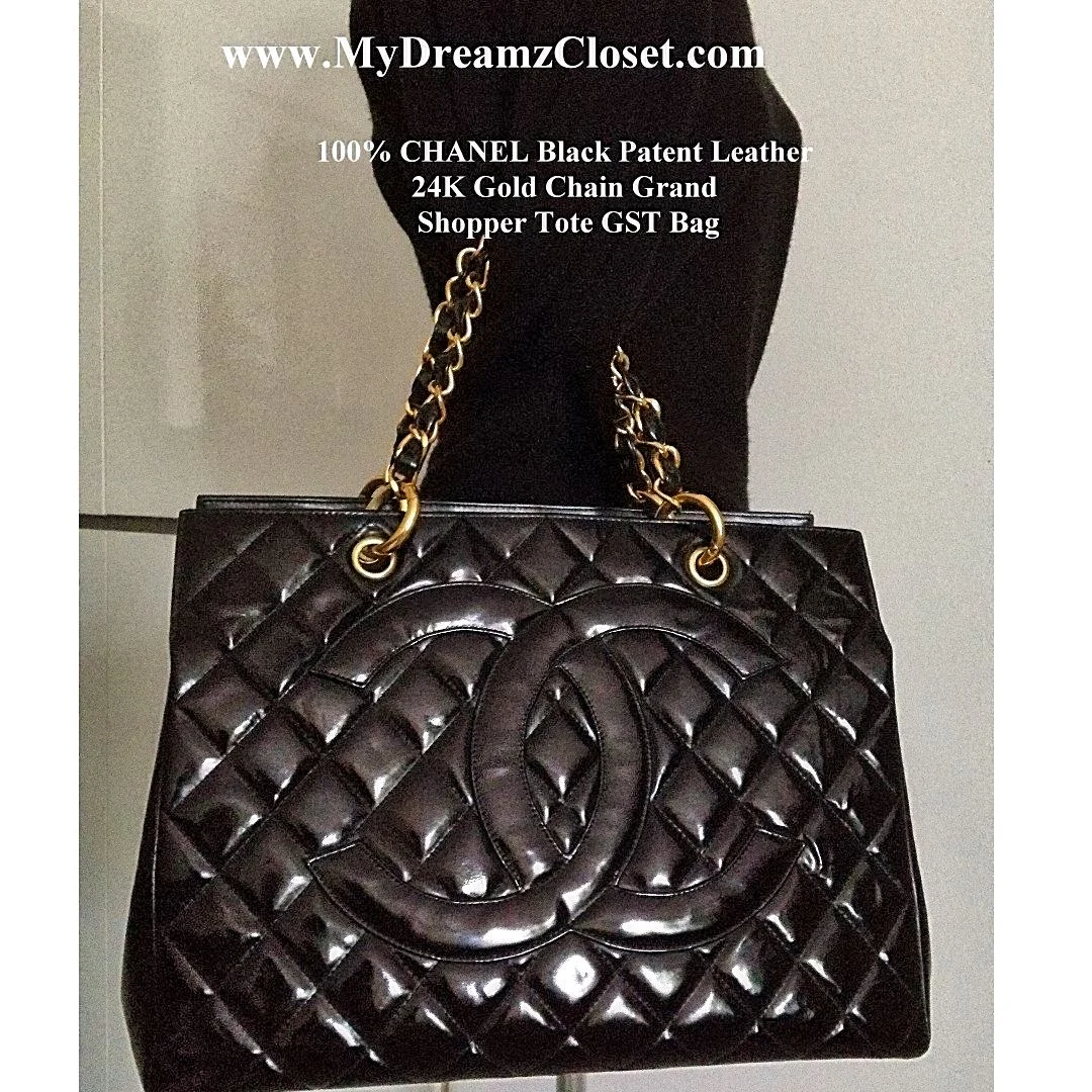 100% CHANEL Black Patent Leather 24K Gold Chain Grand Shopper Tote GST Bag