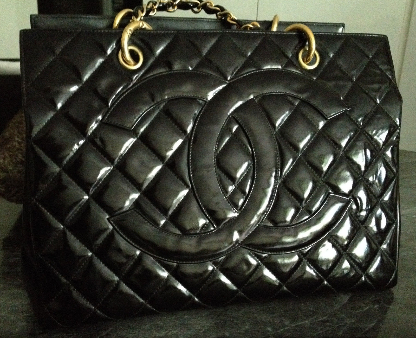 100% CHANEL Black Patent Leather 24K Gold Chain Grand Shopper Tote GST Bag  - My Dreamz Closet